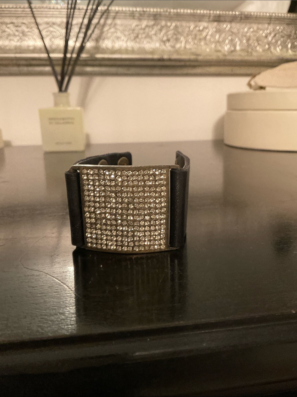 ReBel designs Black Leather Wrist Cuff with crystals.
